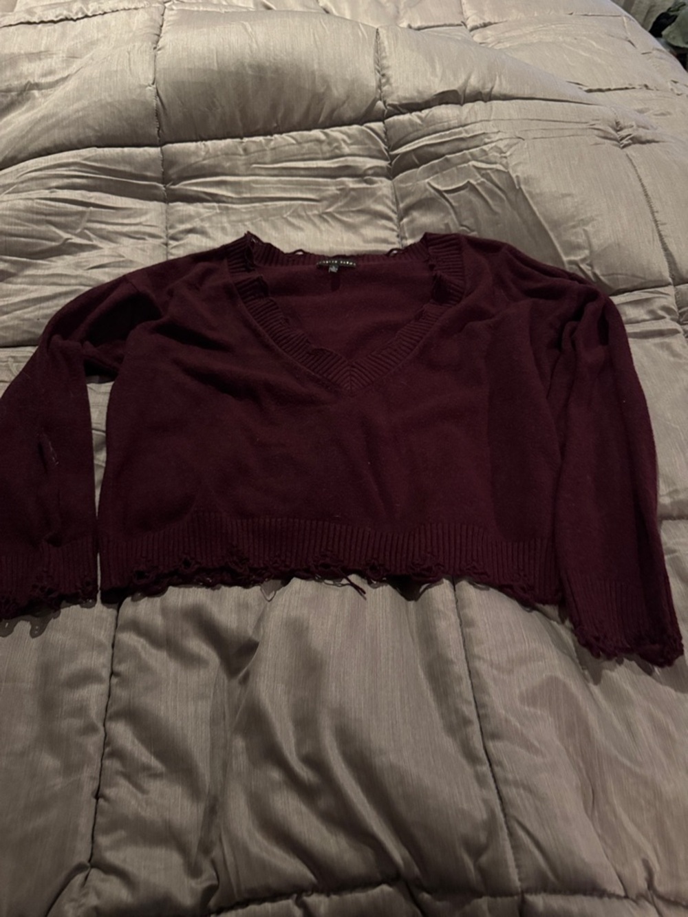 Burgundy V-Neck Distressed Hem Knit Sweater